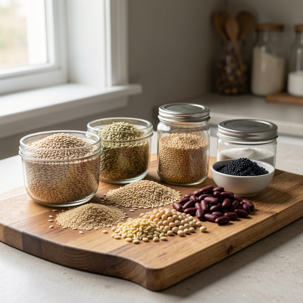 Protein-rich meal prep ingredients laid out neatly on a wooden board, natural light from a window illuminating whole grains and legumes