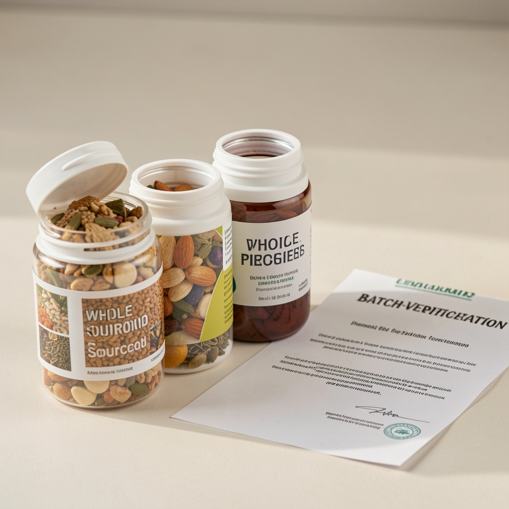 Close-up of open supplement bottles with whole-food sourced ingredients and a batch-verification certificate placed beside them on a light surface