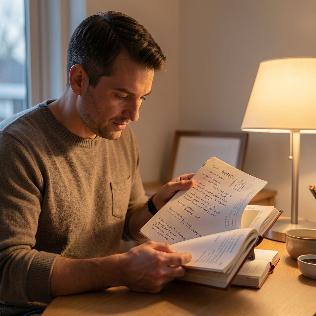 Man reviewing a nutrition journal at dawn, warm lamp light illuminating handwritten notes on daily routines and mineral intake