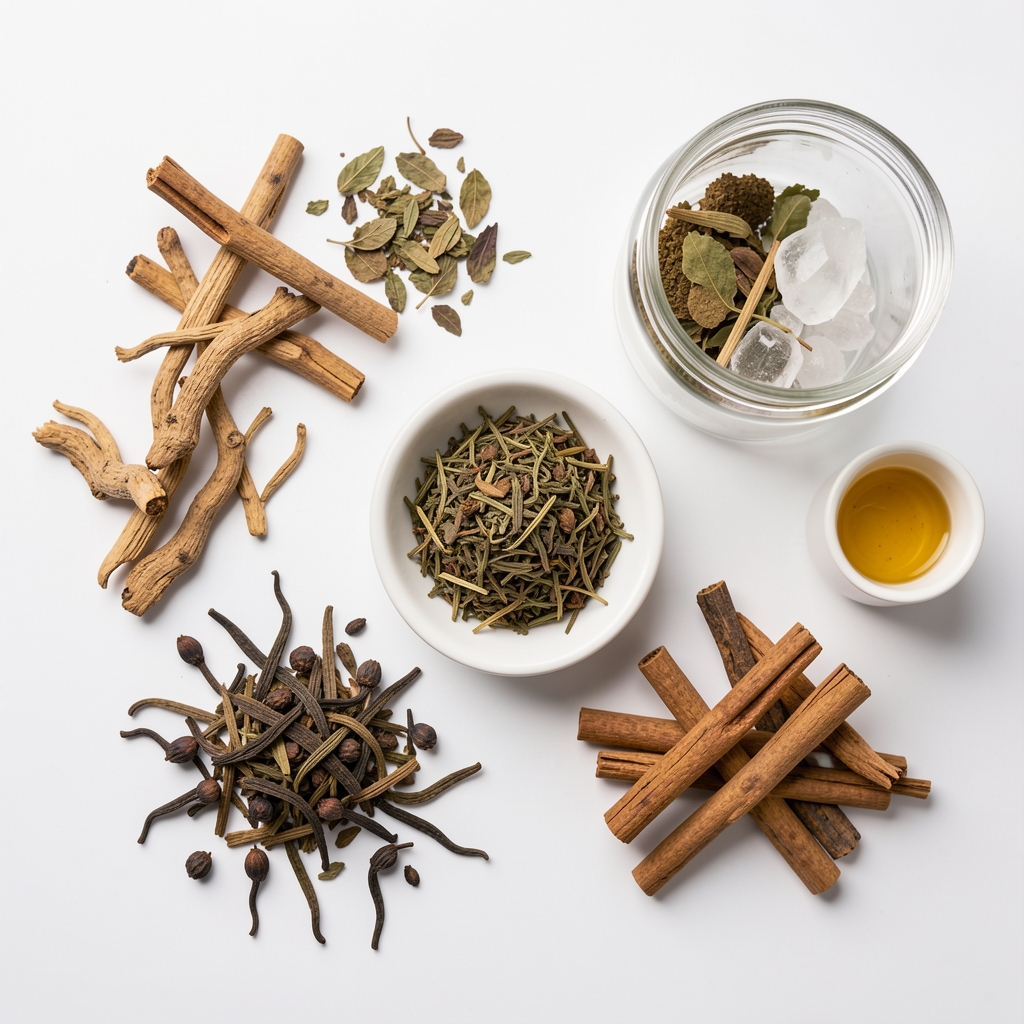 Editorial flat lay of herbal adaptogens, dried roots and plant extracts arranged on a clean white research surface under studio lighting