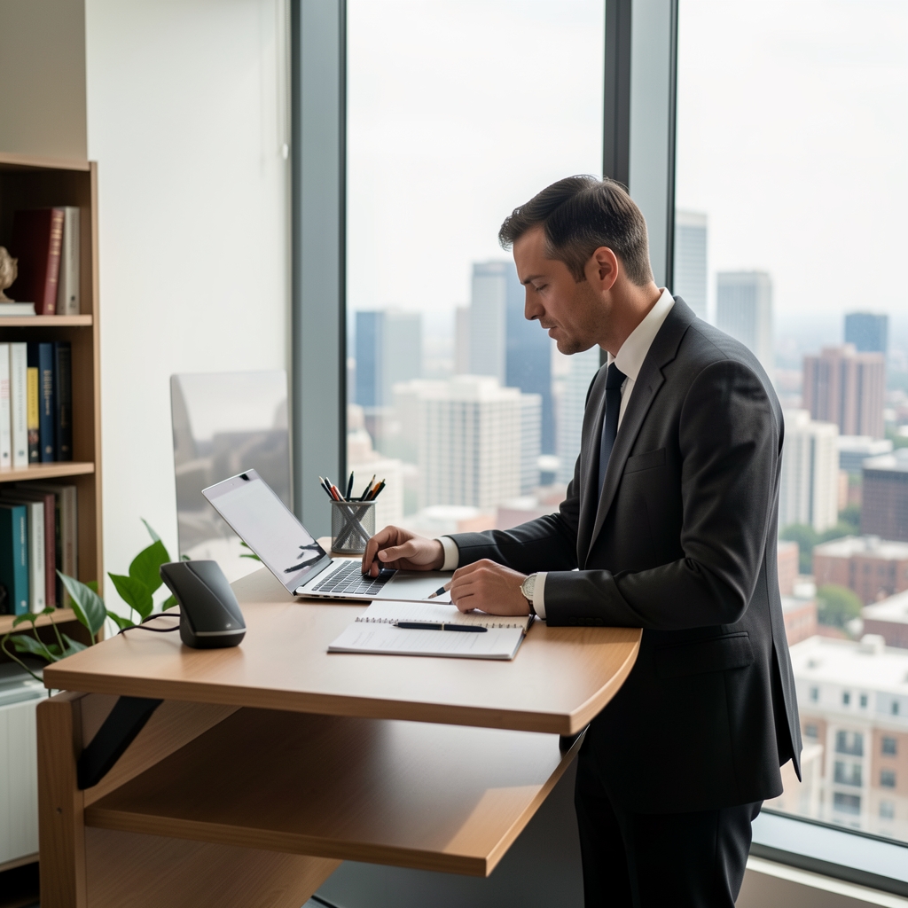 Jasper Caldwell, contributing researcher for Tarko Journal, reviewing notes at a standing desk with a city view through a window