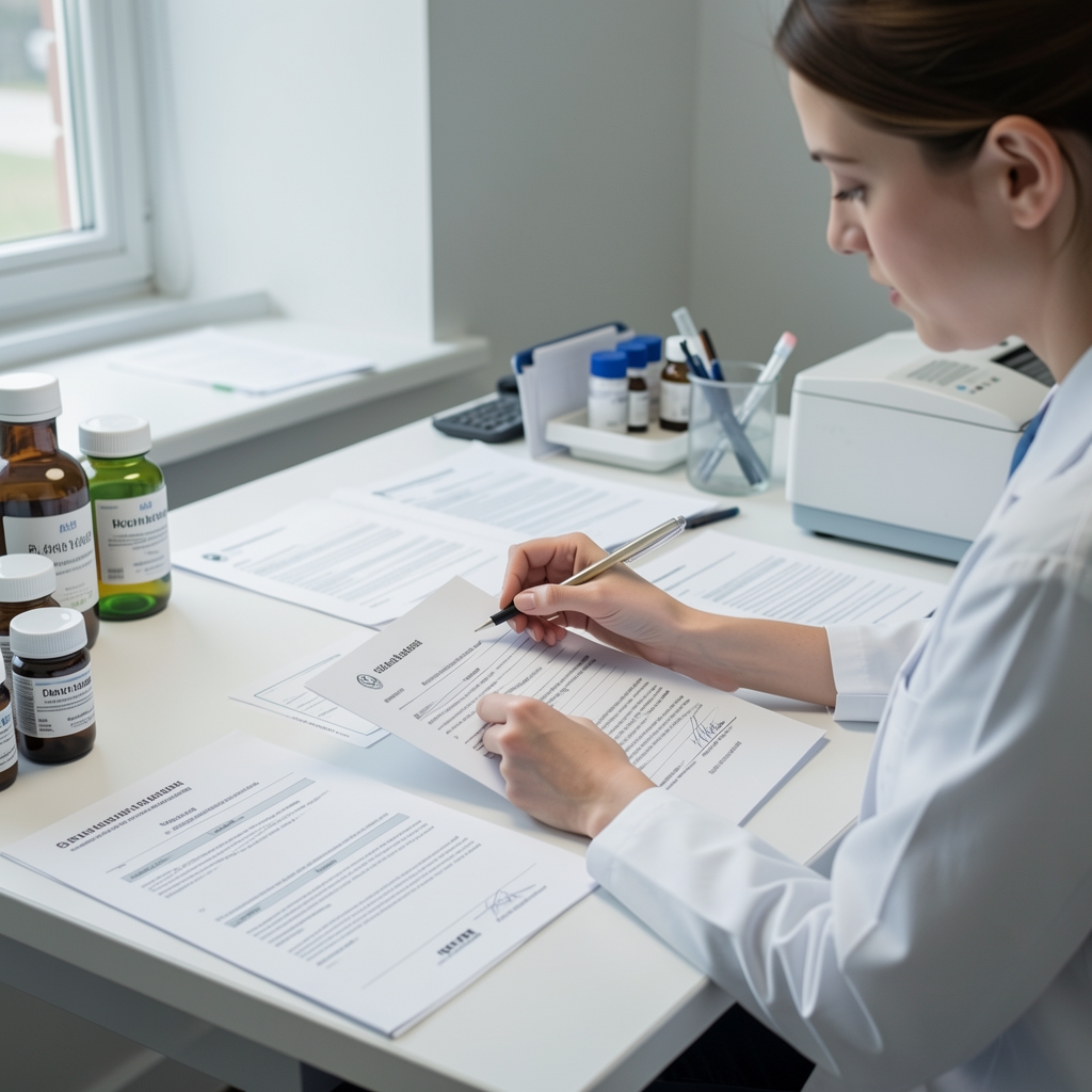 Researcher reviewing formulation documents and ingredient certificates of composition spread across a clean desk under controlled workspace lighting