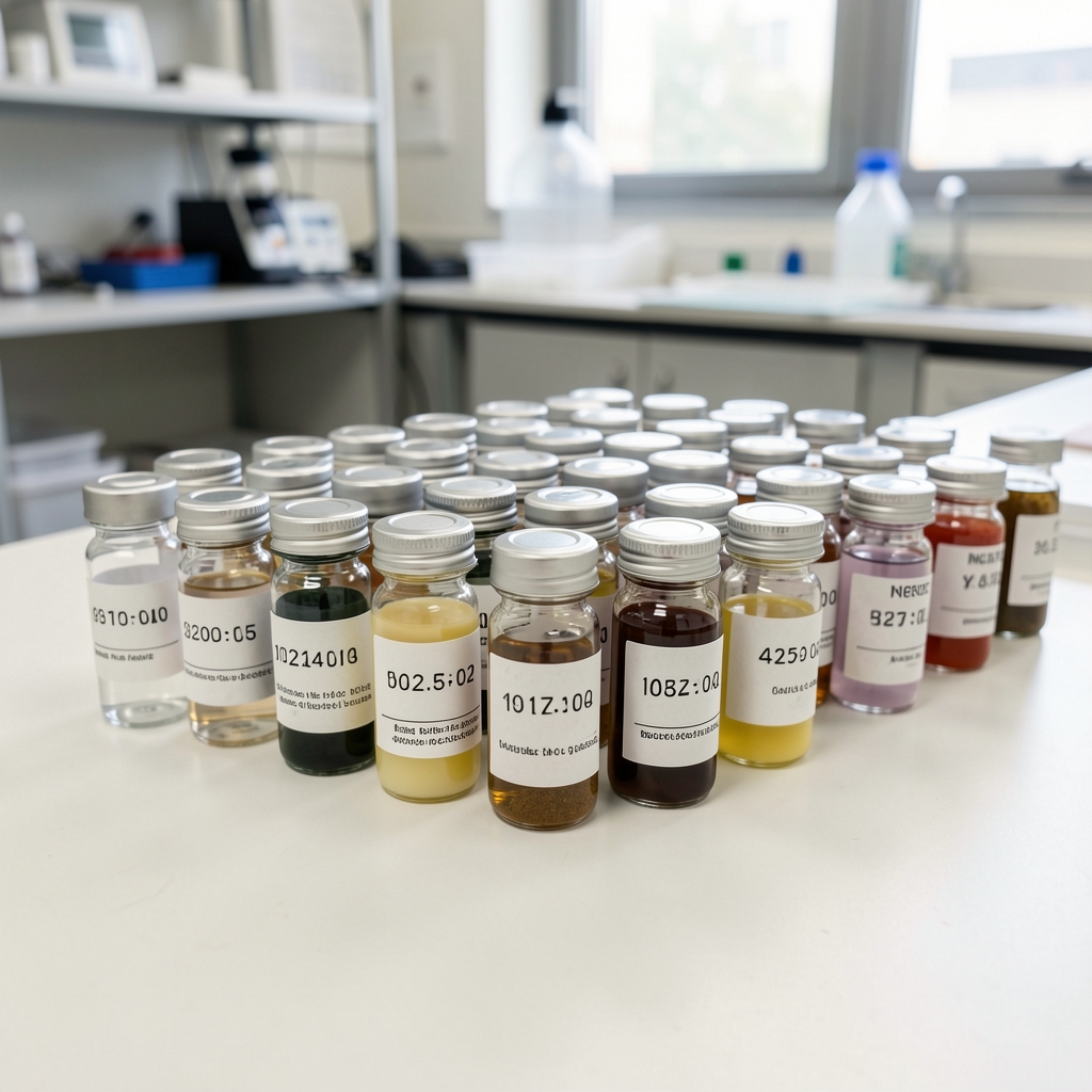 Rows of labelled ingredient samples in small glass vials arranged on a light surface in a quality-control environment, batch numbers visible