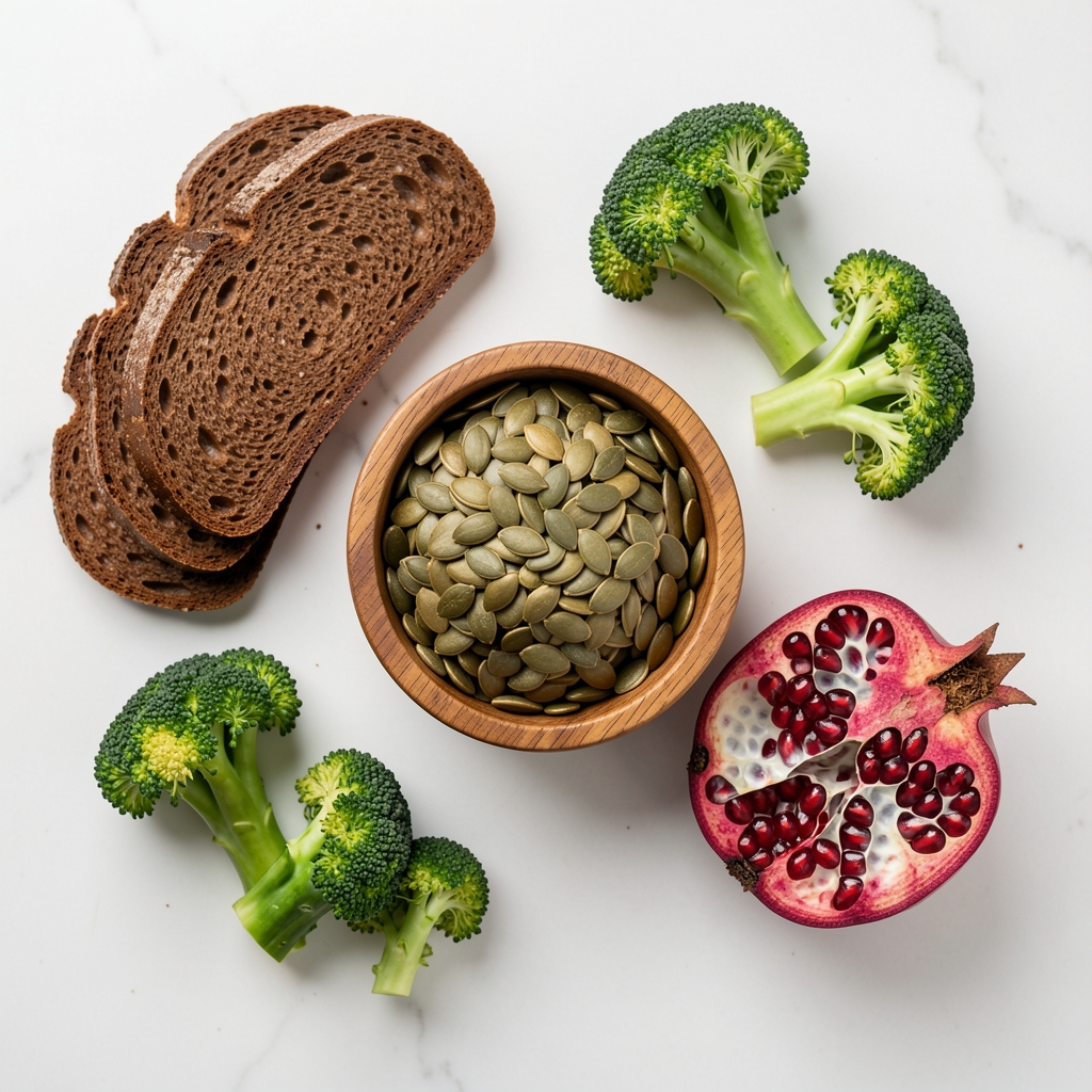 Overhead flat-lay of mineral-rich whole foods including raw pumpkin seeds in a wooden bowl, sliced dark rye bread, steamed broccoli florets, and a halved pomegranate arranged on a white ceramic surface under studio lighting