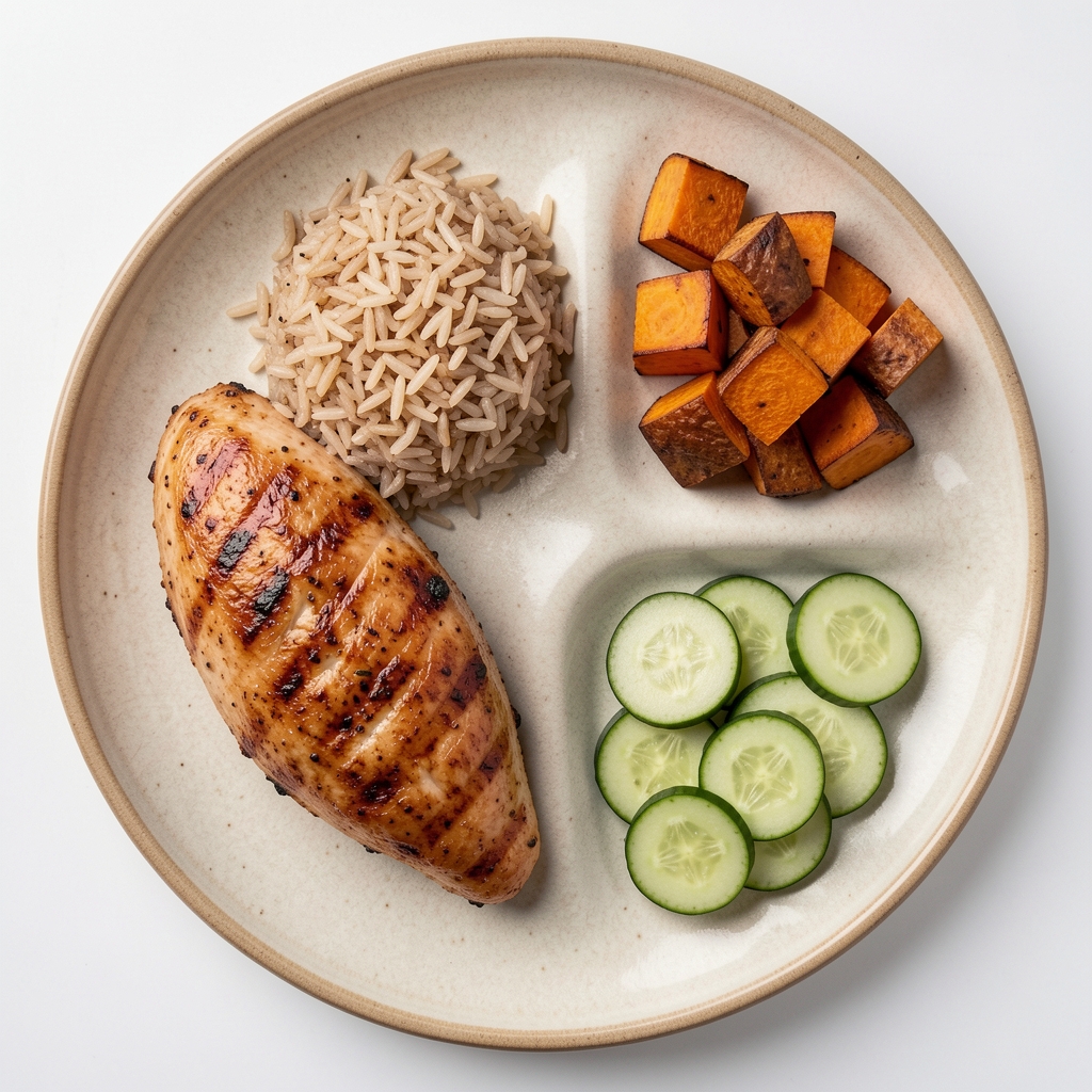 Overhead view of a structured meal with grilled chicken breast, steamed brown rice, roasted sweet potato cubes, and fresh cucumber slices arranged in separate sections on a wide ceramic plate under clean studio lighting